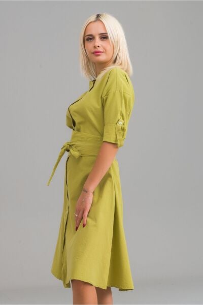 Kadın Siyah Renk Cepli Dik Yakalı Kuşaklı Cepli Pamuklu Gömlek Elbise Yağ Yeşili - M