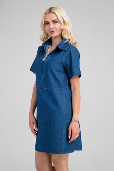 Kadın İndigo Yarım Pat Fermuarlı Kısa Kollu Gömlek Yakalı İnce Kot  Elbise indigo koyu mavi - M