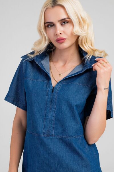 Kadın İndigo Yarım Pat Fermuarlı Kısa Kollu Gömlek Yakalı İnce Kot  Elbise indigo koyu mavi - M