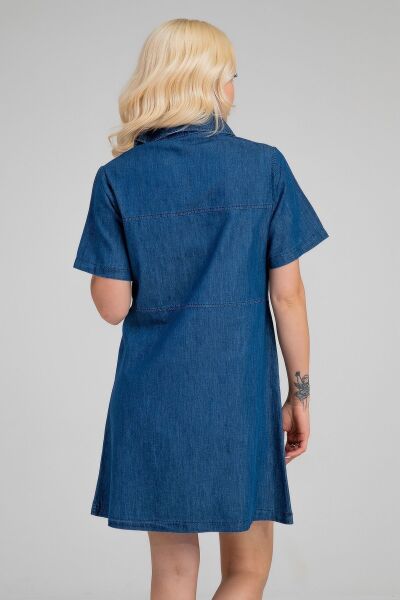 Kadın İndigo Yarım Pat Fermuarlı Kısa Kollu Gömlek Yakalı İnce Kot  Elbise indigo koyu mavi - M