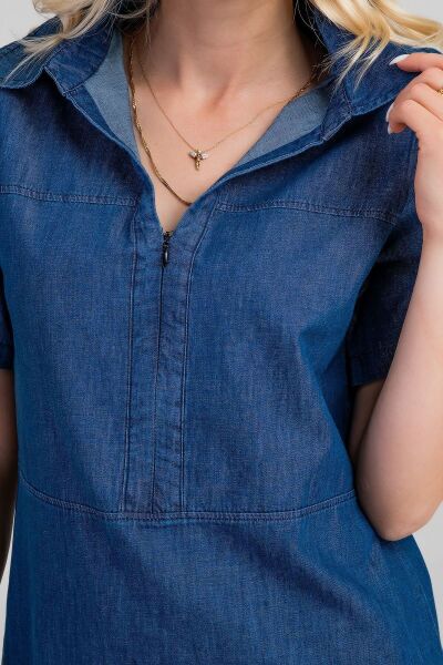 Kadın İndigo Yarım Pat Fermuarlı Kısa Kollu Gömlek Yakalı İnce Kot  Elbise indigo koyu mavi - M