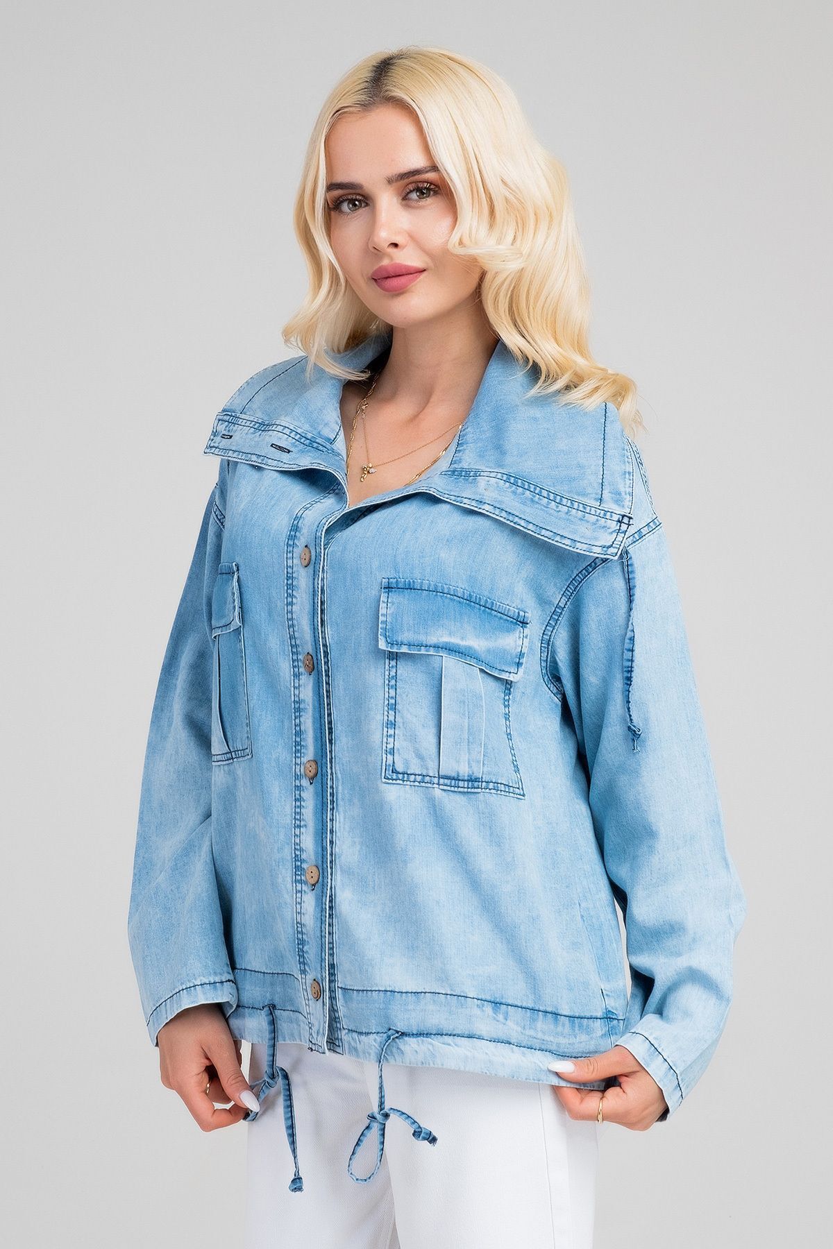 Kadın indigo Renk Bleach Yıkama Cepli  Büyük Yakalı Düğmeli İnce Lyocell Kumaş Kot Ceket XL - indigo açık mavi