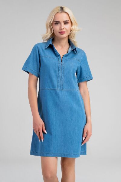Kadın İndigo Yarım Pat Fermuarlı Kısa Kollu Gömlek Yakalı İnce Kot  Elbise indigo açık mavi - 3XL