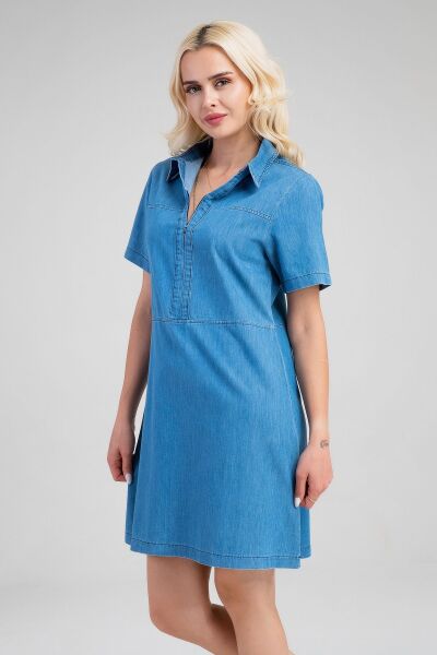 Kadın İndigo Yarım Pat Fermuarlı Kısa Kollu Gömlek Yakalı İnce Kot  Elbise indigo açık mavi - 3XL