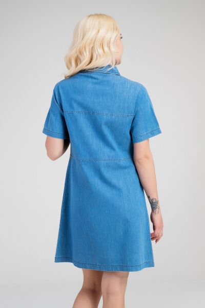 Kadın İndigo Yarım Pat Fermuarlı Kısa Kollu Gömlek Yakalı İnce Kot  Elbise indigo açık mavi - 3XL