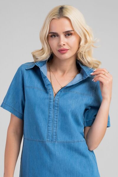 Kadın İndigo Yarım Pat Fermuarlı Kısa Kollu Gömlek Yakalı İnce Kot  Elbise indigo açık mavi - 3XL