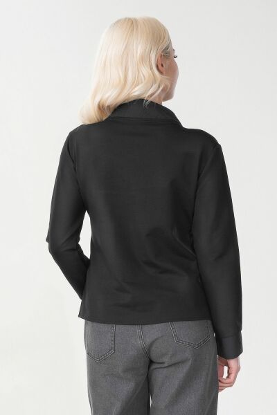 Kadın Pamuk Likralı Kumaş İle Krınkıl Tekno Kumaş Kombinli Fermuarlı Sweatshirt Ceket Siyah - L