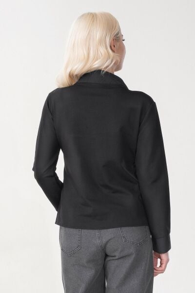 Kadın Pamuk Likralı Kumaş İle Krınkıl Tekno Kumaş Kombinli Fermuarlı Sweatshirt Ceket Siyah - L