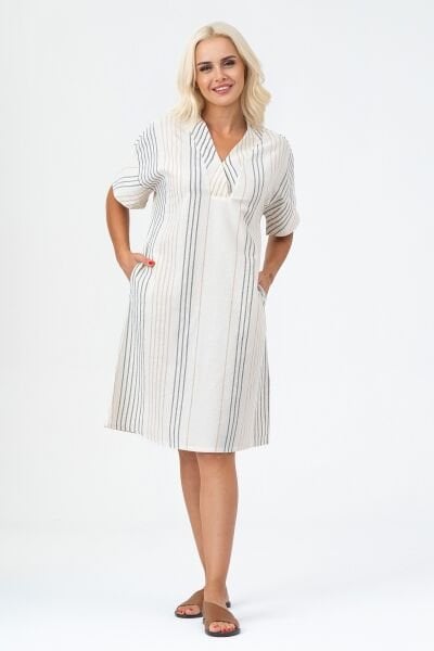 Bold & Young Kadın Cepli V Yakalı Kısa Kollu Pamuklu Elbise 3XL - Ekru