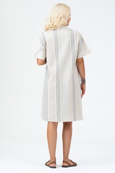 Bold & Young Kadın Cepli V Yakalı Kısa Kollu Pamuklu Elbise 3XL - Ekru