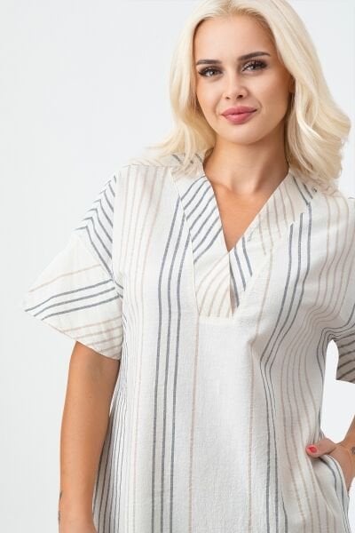 Bold & Young Kadın Cepli V Yakalı Kısa Kollu Pamuklu Elbise 3XL - Ekru