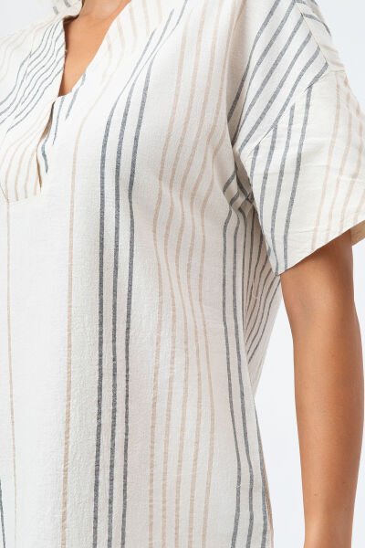 Bold & Young Kadın Cepli V Yakalı Kısa Kollu Pamuklu Elbise 3XL - Ekru