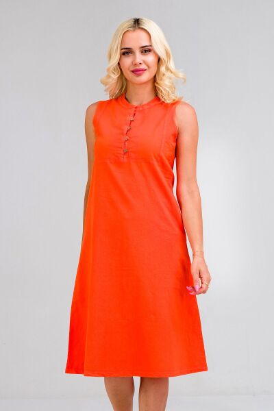 Kadın Pamuk Kumaş  Yarım Pat Brit  Düğmeli Kolsuz Hakim Yaka Cepli İnce  Elbise S - Turuncu