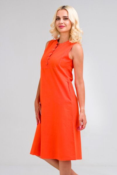 Kadın Pamuk Kumaş  Yarım Pat Brit  Düğmeli Kolsuz Hakim Yaka Cepli İnce  Elbise S - Turuncu