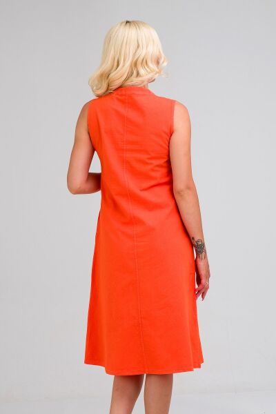 Kadın Pamuk Kumaş  Yarım Pat Brit  Düğmeli Kolsuz Hakim Yaka Cepli İnce  Elbise S - Turuncu