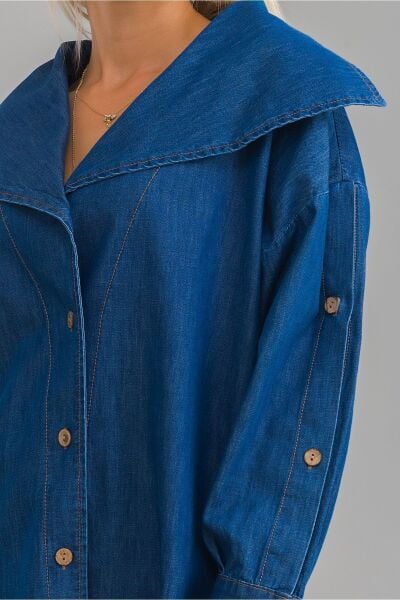 Kadın Pamuklu Denim Kumaş Kol Yırtmaç Düğmeli Büyü Yaka Kot Gömlek indigo - L