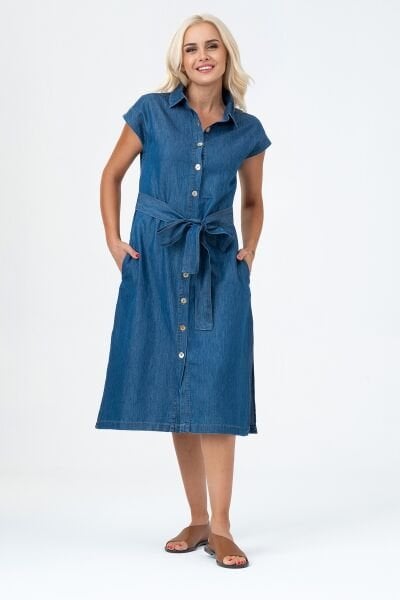 Bold & Young Kadın Yırtmaçlı Cepli Kolsuz Kuşaklı Pamuklu Gömlek Elbise 3XL - indigo
