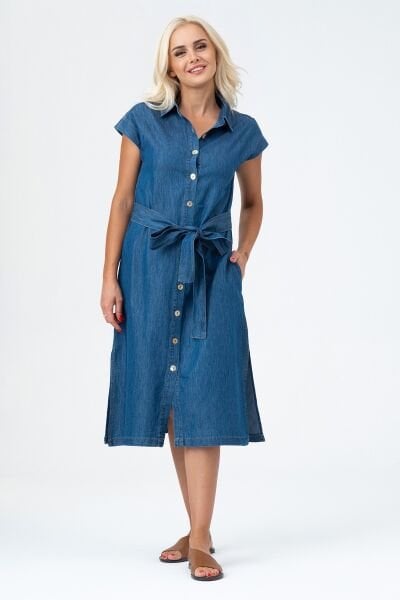 Bold & Young Kadın Yırtmaçlı Cepli Kolsuz Kuşaklı Pamuklu Gömlek Elbise 3XL - indigo