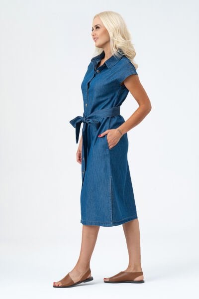 Bold & Young Kadın Yırtmaçlı Cepli Kolsuz Kuşaklı Pamuklu Gömlek Elbise 3XL - indigo
