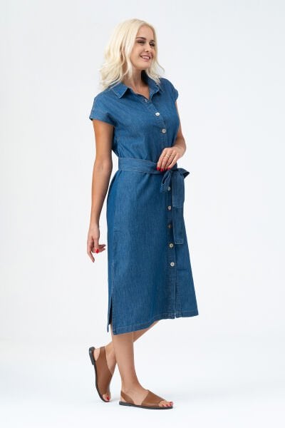 Bold & Young Kadın Yırtmaçlı Cepli Kolsuz Kuşaklı Pamuklu Gömlek Elbise 3XL - indigo
