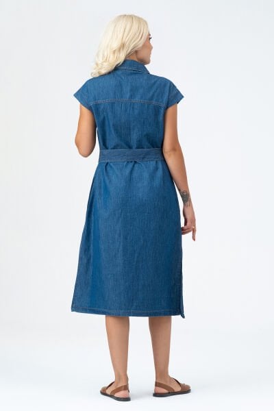 Bold & Young Kadın Yırtmaçlı Cepli Kolsuz Kuşaklı Pamuklu Gömlek Elbise 3XL - indigo