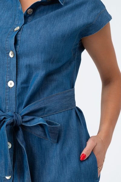 Bold & Young Kadın Yırtmaçlı Cepli Kolsuz Kuşaklı Pamuklu Gömlek Elbise 3XL - indigo