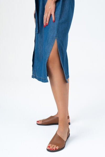 Bold & Young Kadın Yırtmaçlı Cepli Kolsuz Kuşaklı Pamuklu Gömlek Elbise 3XL - indigo