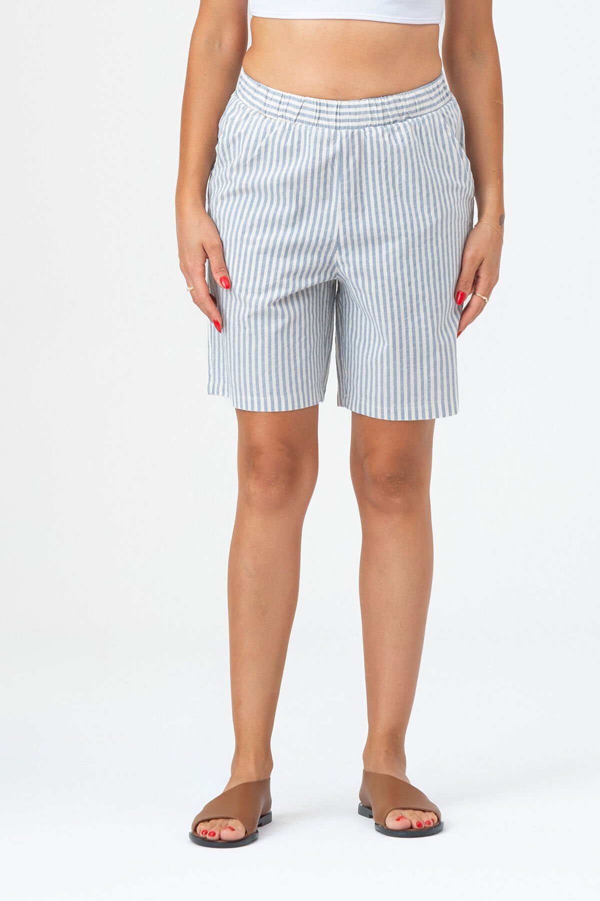 Bold & Young Kadın Cepli Beli Lastikli Çizgili Pamuklu Şort mavi ekru çizgili - XXL