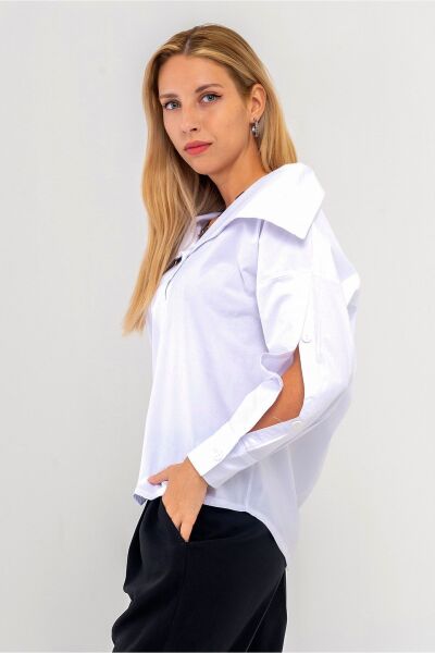 Kadın Pamuklu Denim Kumaş Kol Yırtmaç Düğmeli Büyü Yaka Kot Gömlek Beyaz - L