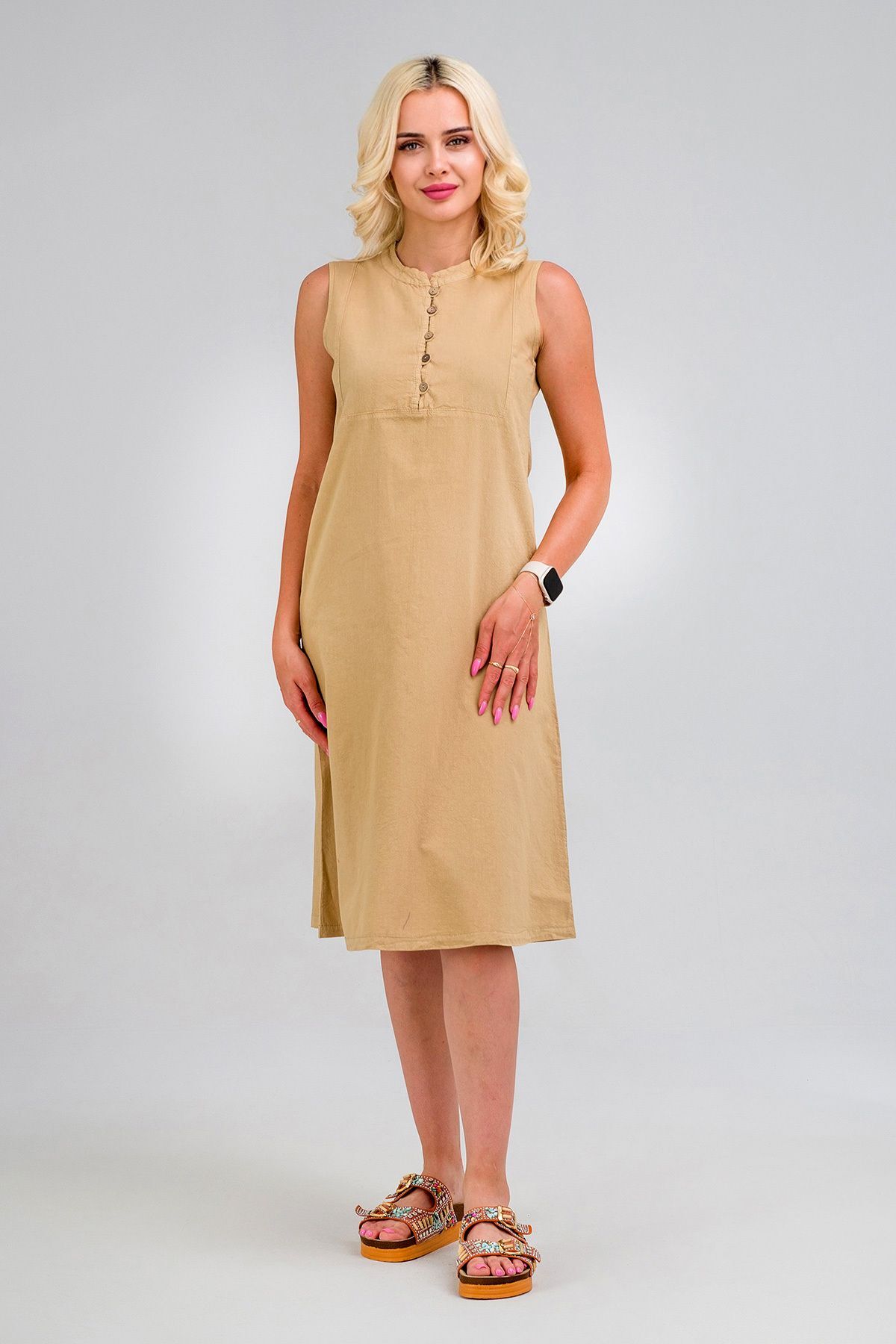 Kadın Pamuk Kumaş  Yarım Pat Brit  Düğmeli Kolsuz Hakim Yaka Cepli İnce  Elbise S - BEJ