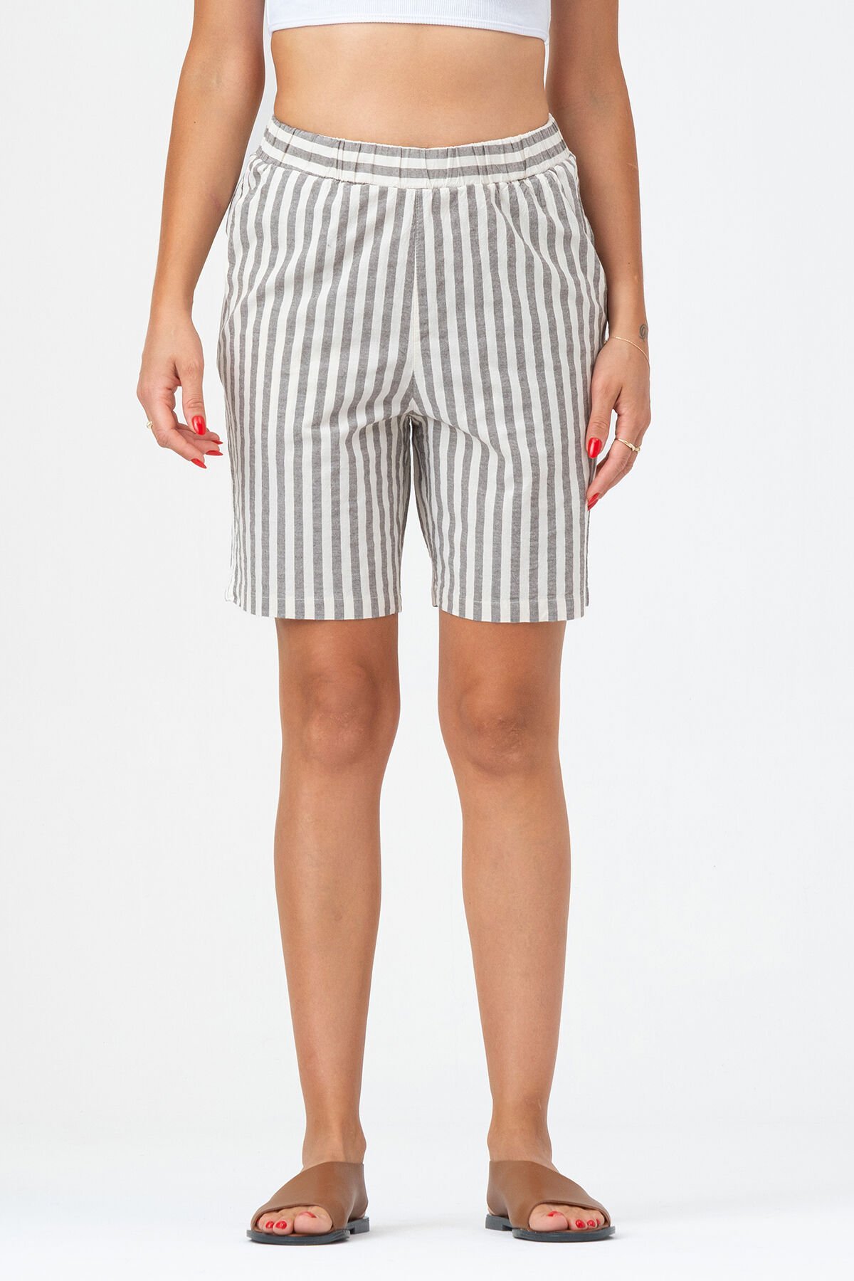 Bold & Young Kadın Cepli Beli Lastikli Çizgili Pamuklu Şort XL - siyah ekru