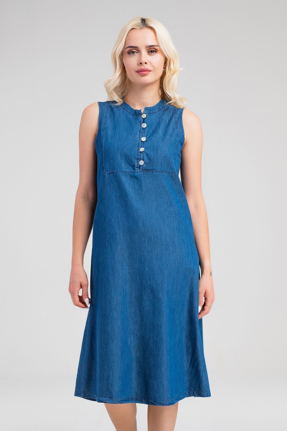 Kadın Pamuk Kumaş  Yarım Pat Brit  Düğmeli Kolsuz Hakim Yaka Cepli İnce  Elbise S - indigo koyu mavi