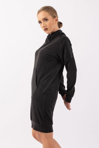 Kadın Antrsit Yün Viskon Kumaş Suni Deri Kombinli Plili Yaka Elbise koyu antrasit - XL