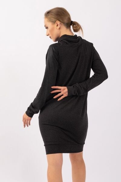 Kadın Antrsit Yün Viskon Kumaş Suni Deri Kombinli Plili Yaka Elbise koyu antrasit - XL