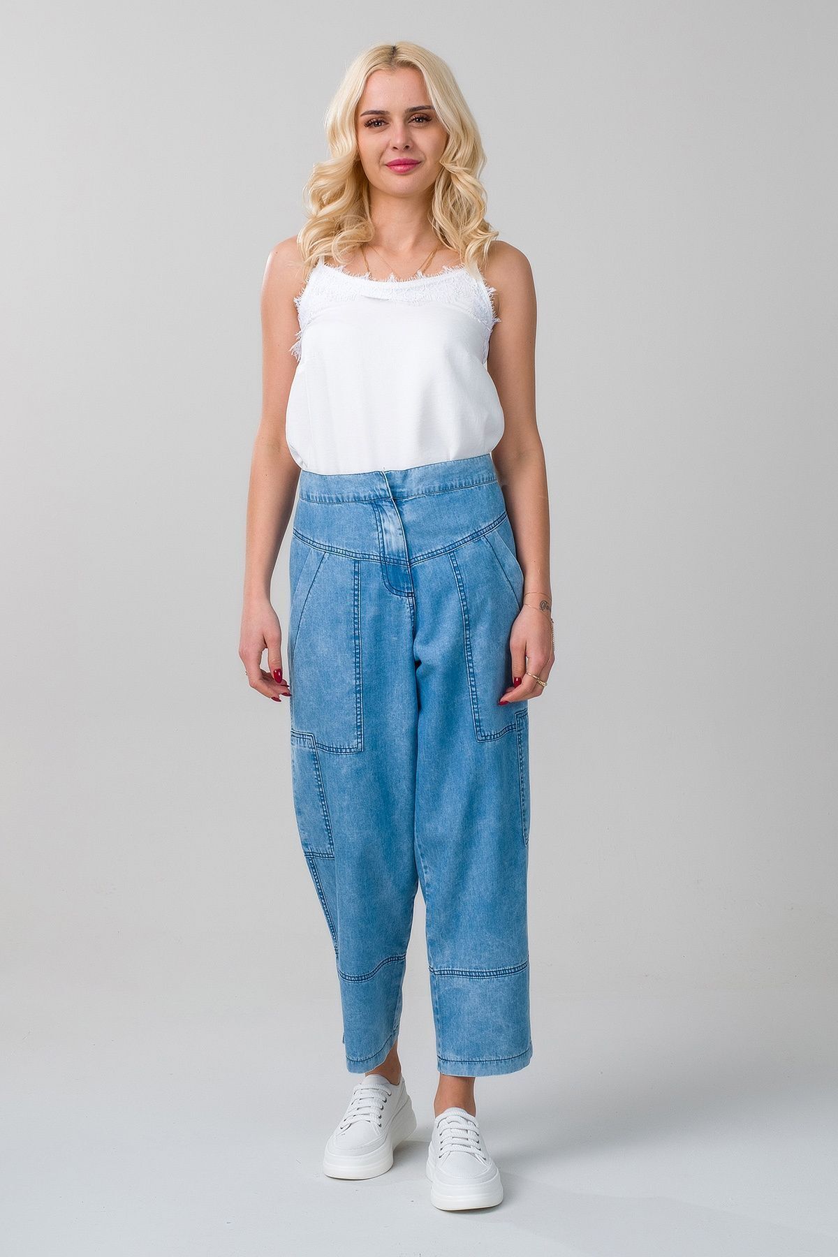 Kadın indigo Renk Bleach Yıkama Cepli Bol Paça Beli Lastikli İnce Lyocell Kumaş  Kot Pantolon S - indigo açık mavi