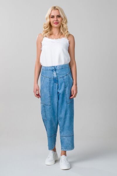 Kadın indigo Renk Bleach Yıkama Cepli Bol Paça Beli Lastikli İnce Lyocell Kumaş  Kot Pantolon S - indigo açık mavi