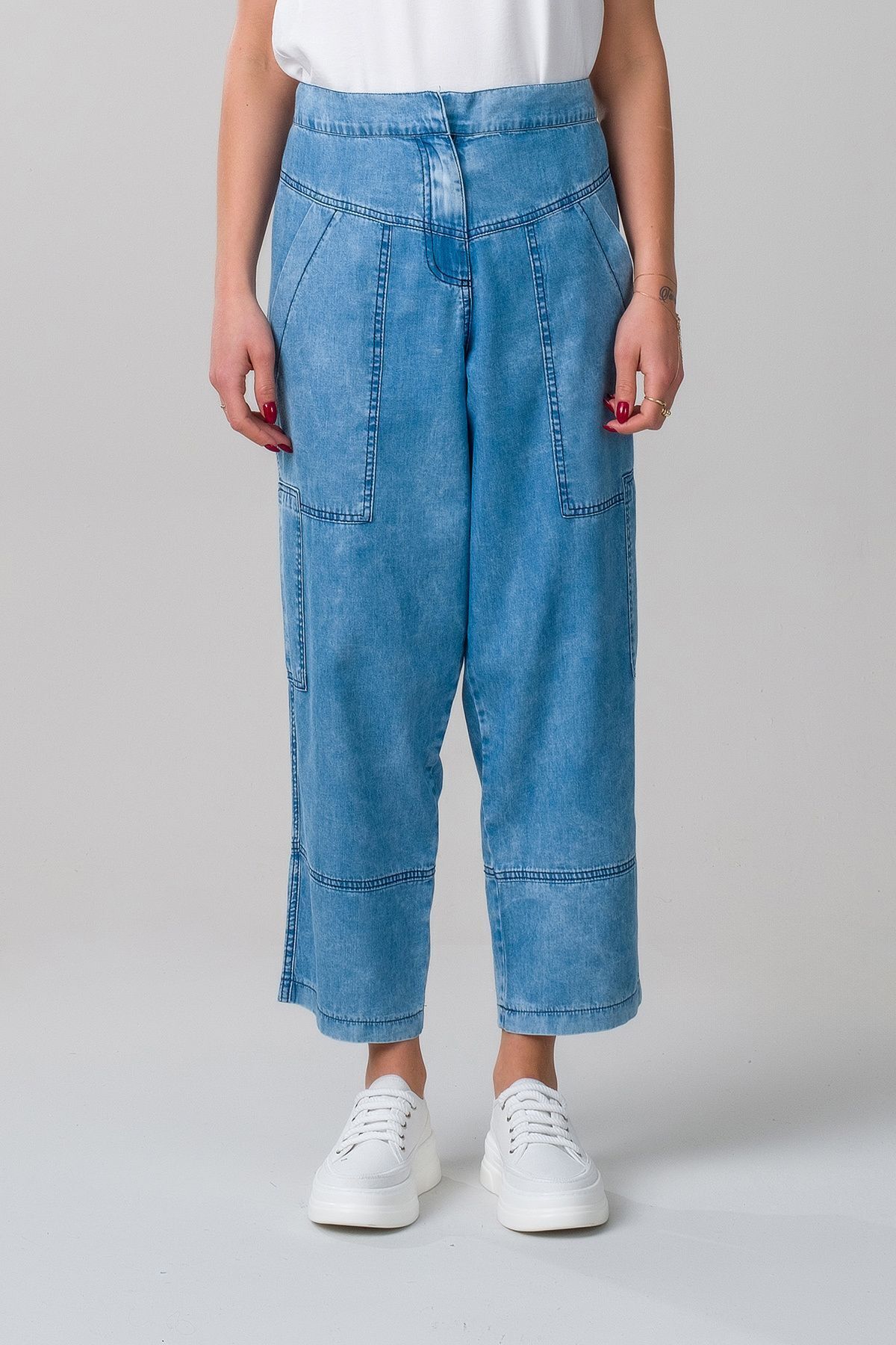 Kadın indigo Renk Bleach Yıkama Cepli Bol Paça Beli Lastikli İnce Lyocell Kumaş  Kot Pantolon S - indigo açık mavi