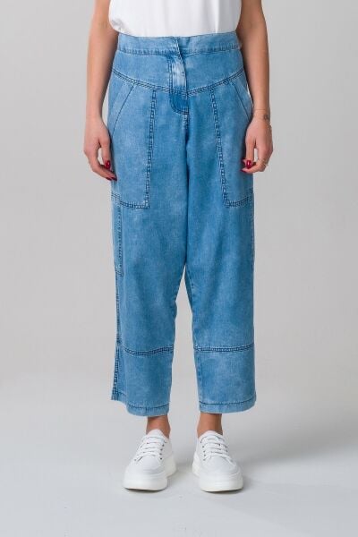 Kadın indigo Renk Bleach Yıkama Cepli Bol Paça Beli Lastikli İnce Lyocell Kumaş  Kot Pantolon S - indigo açık mavi