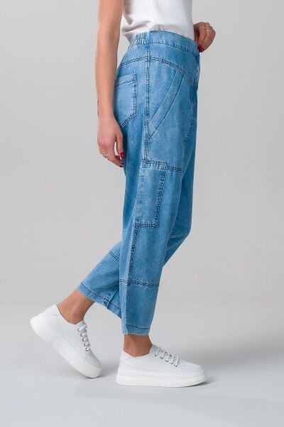 Kadın indigo Renk Bleach Yıkama Cepli Bol Paça Beli Lastikli İnce Lyocell Kumaş  Kot Pantolon S - indigo açık mavi