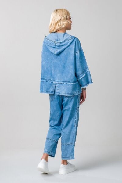 Kadın indigo Renk Bleach Yıkama Cepli Bol Paça Beli Lastikli İnce Lyocell Kumaş  Kot Pantolon S - indigo açık mavi