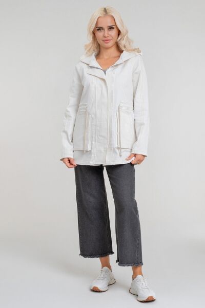 Kadın Power Likralı Pamuklu Kumaş Kapişonlu Fermuarlı Kordonlu Pis Dikişli Mont Ekru - XS
