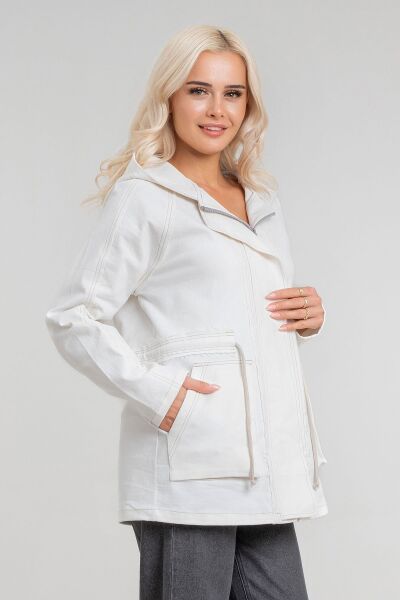 Kadın Power Likralı Pamuklu Kumaş Kapişonlu Fermuarlı Kordonlu Pis Dikişli Mont Ekru - XS