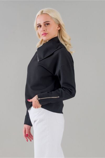 Kadın Siyah Renk Fermuarlı Şal Yaka Uzun Kollu Tunik XL - Siyah