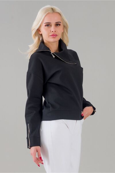 Kadın Siyah Renk Fermuarlı Şal Yaka Uzun Kollu Tunik XL - Siyah