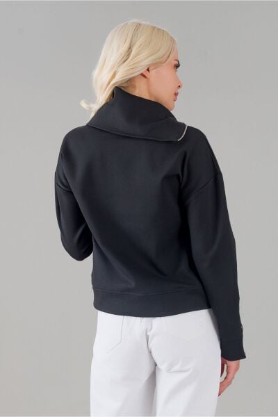 Kadın Siyah Renk Fermuarlı Şal Yaka Uzun Kollu Tunik XL - Siyah