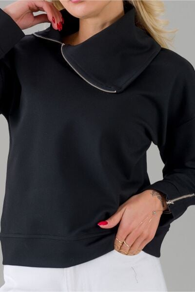 Kadın Siyah Renk Fermuarlı Şal Yaka Uzun Kollu Tunik XL - Siyah