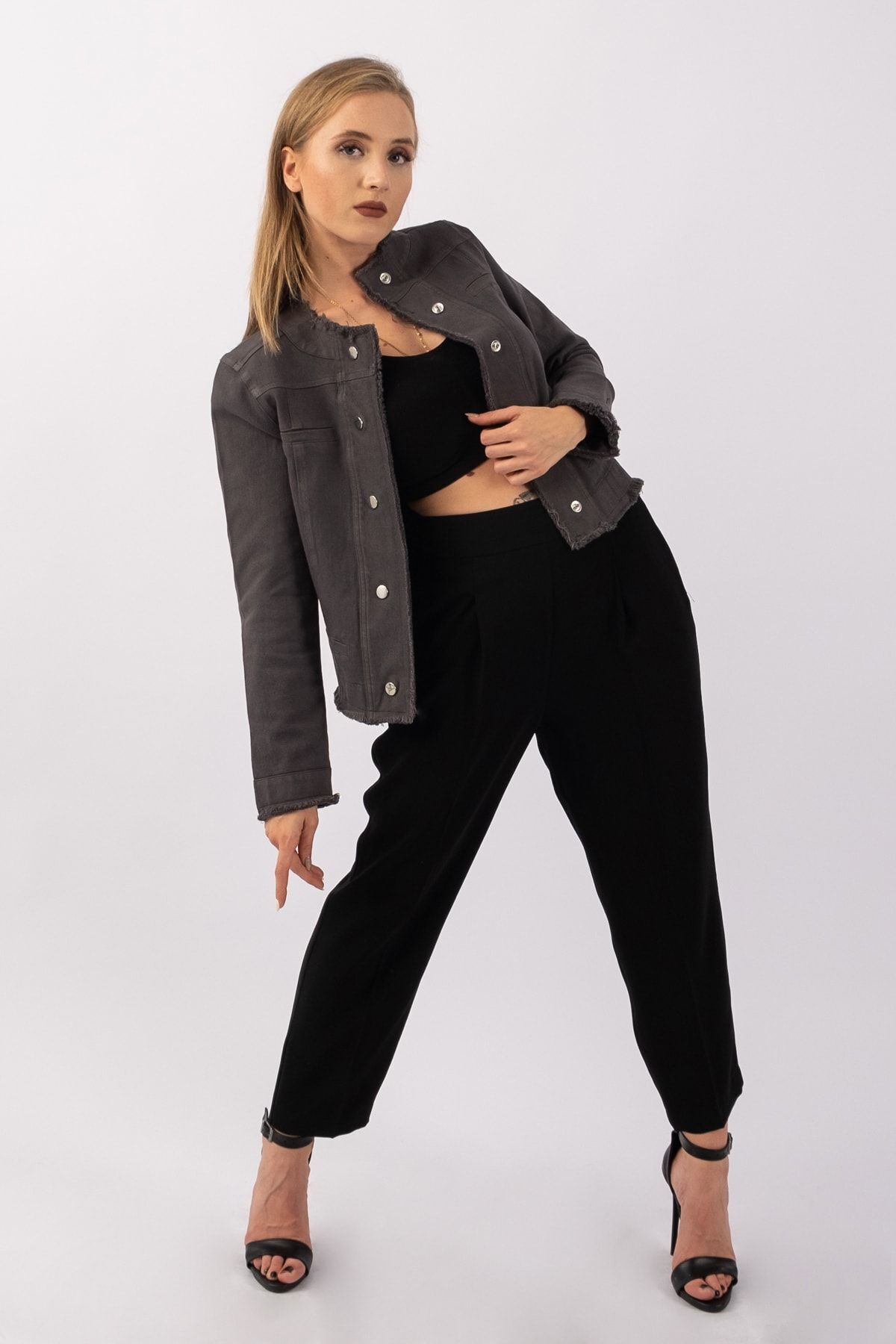 Kadın Power Strech Çıt Çıtlı Slim Fit Denim Ceket ANTRASİT - 42