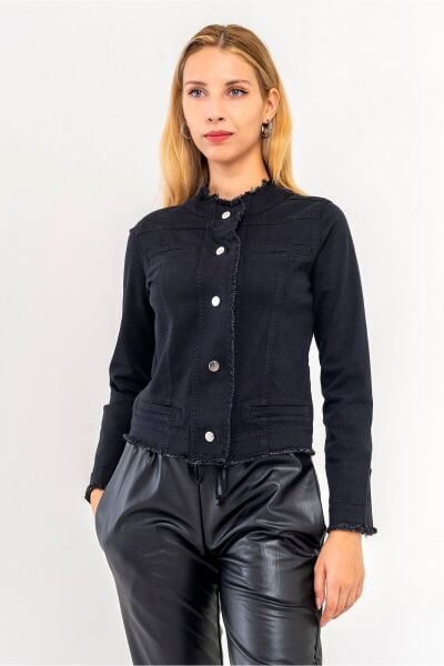 Kadın Power Strech Çıt Çıtlı Slim Fit Denim Ceket Siyah - 38