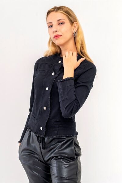 Kadın Power Strech Çıt Çıtlı Slim Fit Denim Ceket Siyah - 38