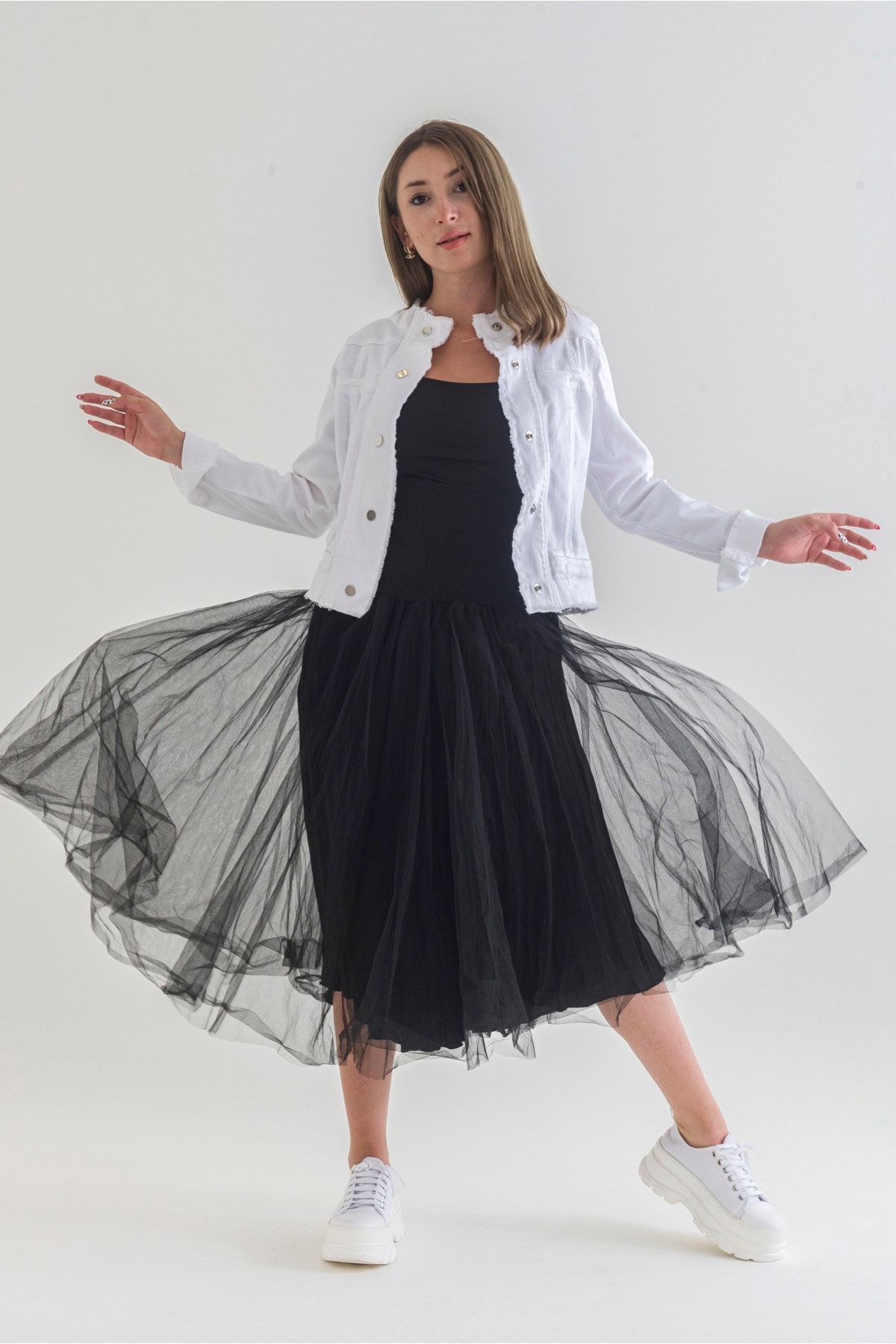 Kadın Power Strech Çıt Çıtlı Slim Fit Denim Ceket Beyaz - 44